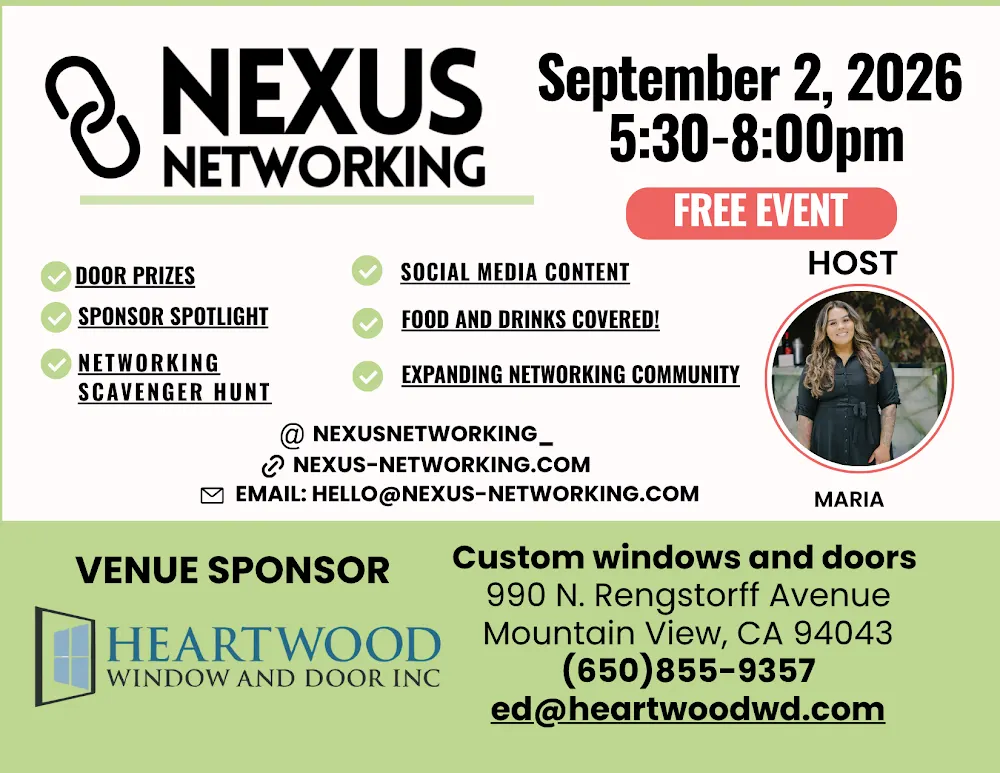Nexus Networking September 2, 2026 event flyer, venue sponsor Heartwood Window and Door, Mountain View
